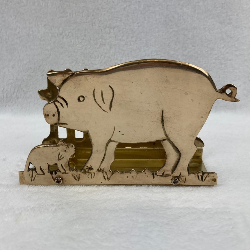VTG Farmhouse Brass Pig & Piglet in Sty Solid 5.25” Napkin/Letter Holder